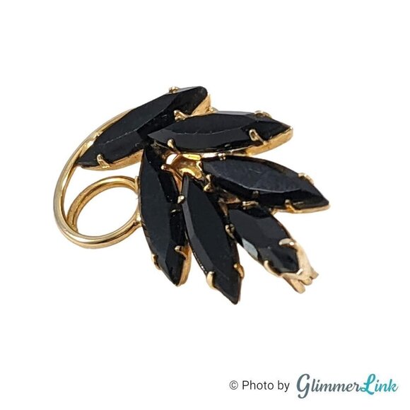 Vintage 1960s Dainty Navette Black Rhinestone Leaf Curl Stem Gold Tone Brooch - Picture 2 of 7